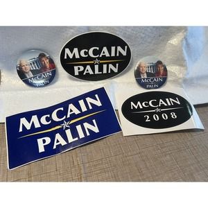 McCain and Palin Campaign Stickers And Buttons Pins 2008 Lot Of 5